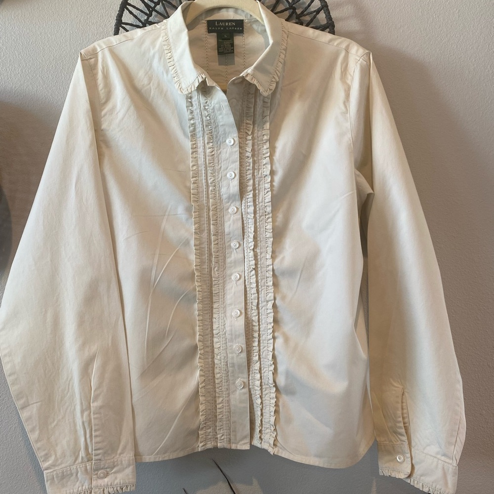 Lauren Ralph Lauren Women's Cream Ruffle-Front Button Shirt M